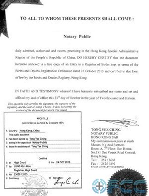 香港公司国际公证认证样本